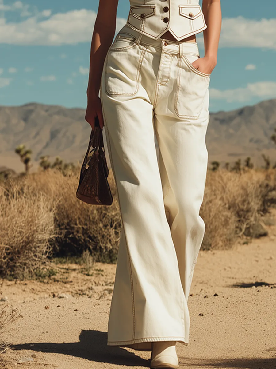 Stylish Western-style White Denim Vest And Wide-leg Pants Set sold by Oyrosy product image thumbnail 4