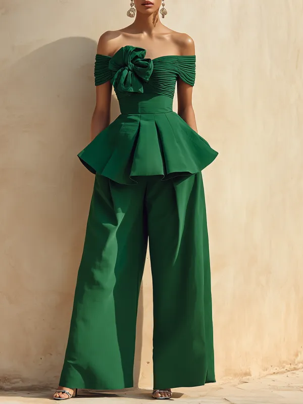 Elegant Vacation-style Off-the-shoulder Top And Wide-leg Pants Set made by Oyrosy