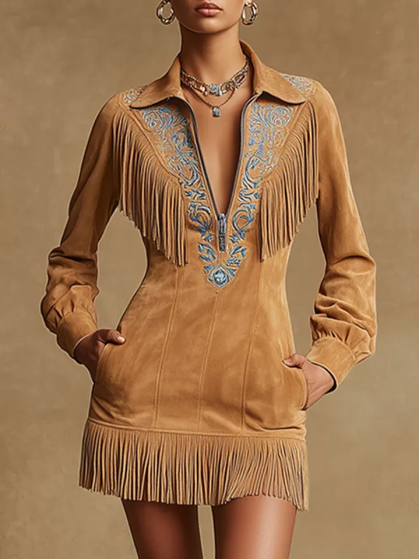 Western-style Retro Embroidered Tassel Long-sleeved Camel Faux Suede Mini Dress sold by Oyrosy