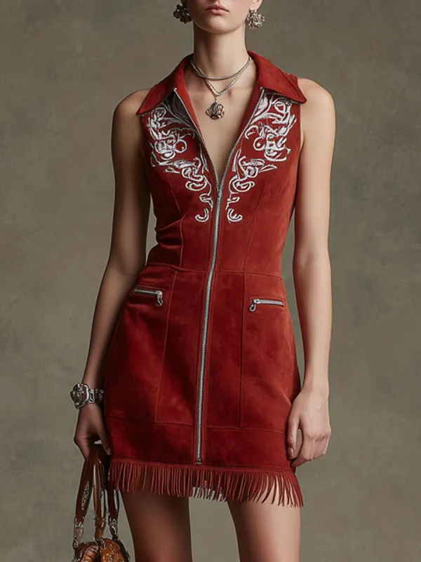 Western-style Retro Embroidered Tassel Sleeveless Red Faux Suede Mini Dress sold by Oyrosy