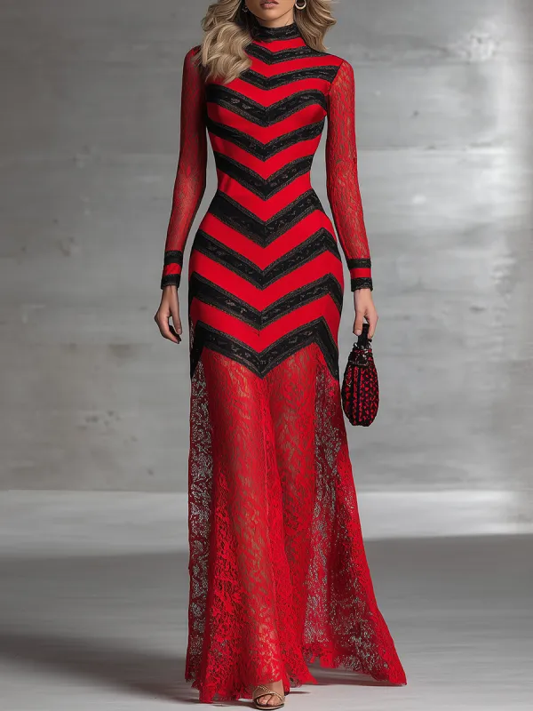 Elegant And Fashionable Red Lace Patchwork And Red And Black Printed Satin Maxi Dress sold by Oyrosy