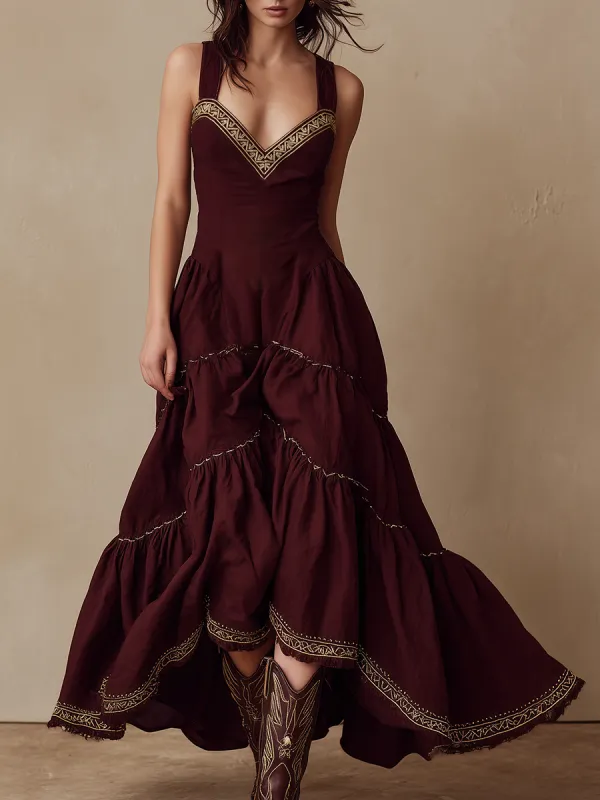 Stylish Western-style Gold Woven Trim Sleeveless Deep Red Maxi Dress sold by Oyrosy