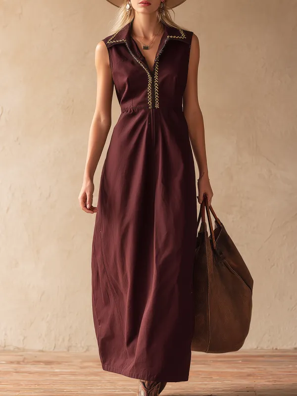 Vintage Western-style Gold Embroidered Sleeveless Deep Red Maxi Dress sold by Oyrosy