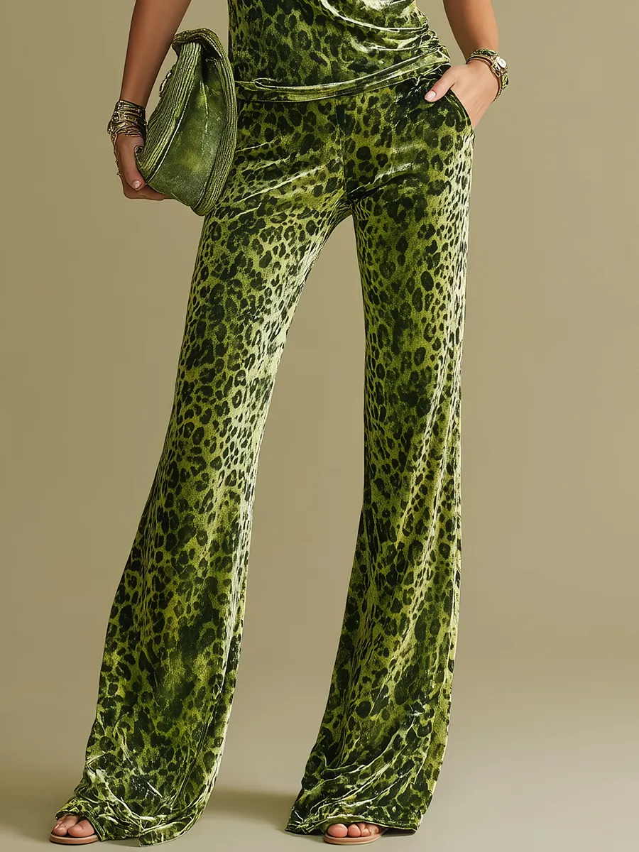 Retro Leopard Print Short Sleeve Hooded T-shirt And Flared Pants Set sold by Oyrosy product image thumbnail 4