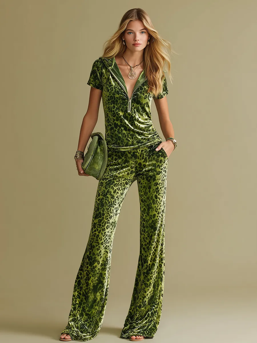 Retro Leopard Print Short Sleeve Hooded T-shirt And Flared Pants Set sold by Oyrosy product image thumbnail 2