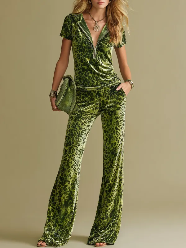 Retro Leopard Print Short Sleeve Hooded T-shirt And Flared Pants Set sold by Oyrosy