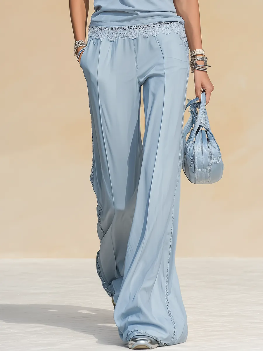 Retro-style Sporty Lace Trim Short Sleeve T-shirt And Flared Pants Set sold by Oyrosy product image thumbnail 4