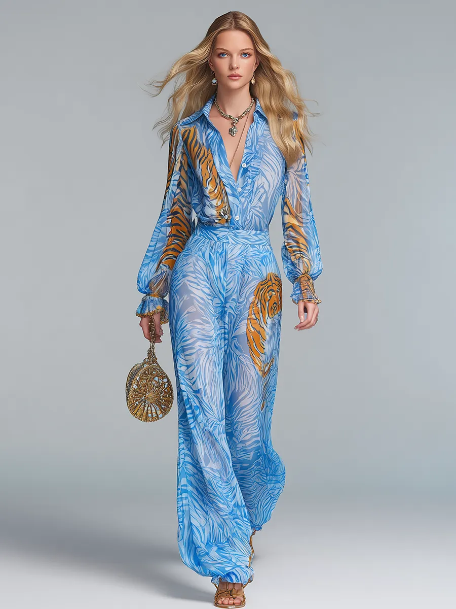 Elegant And Stylish Tiger Print Shirt And Wide-leg Pants Set sold by Oyrosy product image thumbnail 2