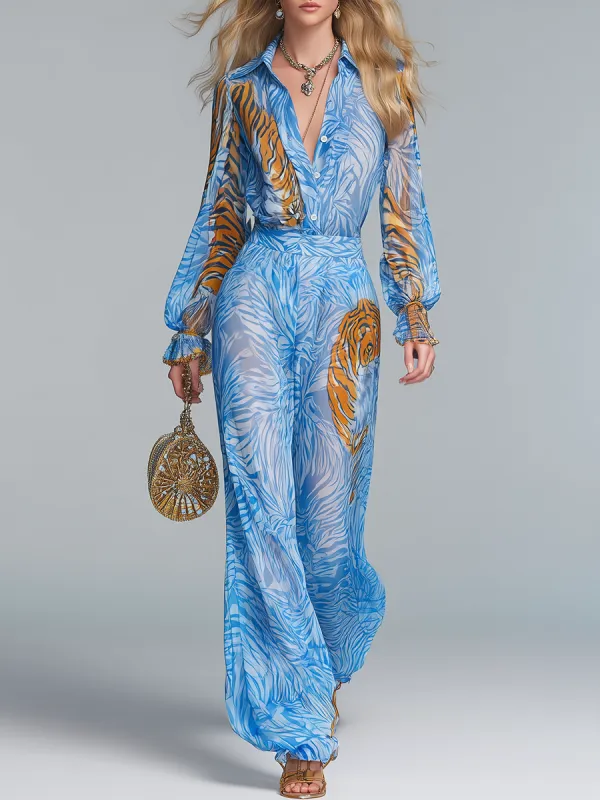 Elegant And Stylish Tiger Print Shirt And Wide-leg Pants Set sold by Oyrosy