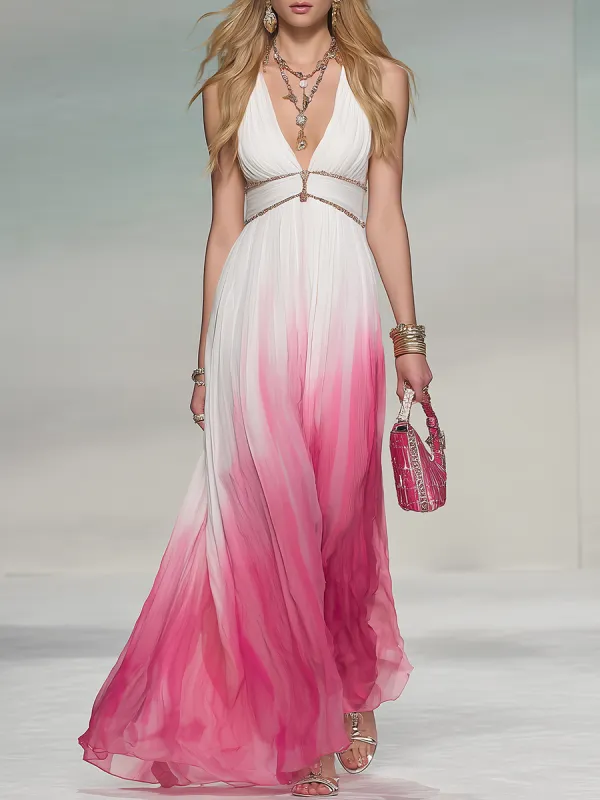 Elegant V-neck Sleeveless Gradient Print Maxi Chiffon Dress sold by Oyrosy