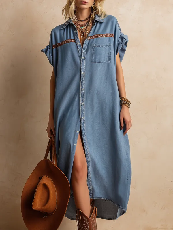 Simple Western-style Brown Woven Strap Short-sleeved Denim Midi Dress sold by Oyrosy