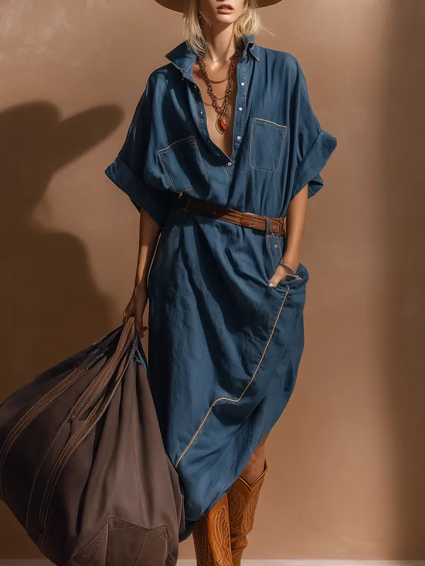 Stylish Western-style Asymmetrical Hem Short Sleeves Denim Midi Dress sold by Oyrosy
