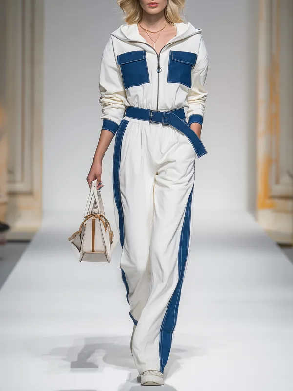 Sporty And Stylish Hooded Zip-up Long-sleeved Top And Denim Patchwork Pants Set sold by Oyrosy