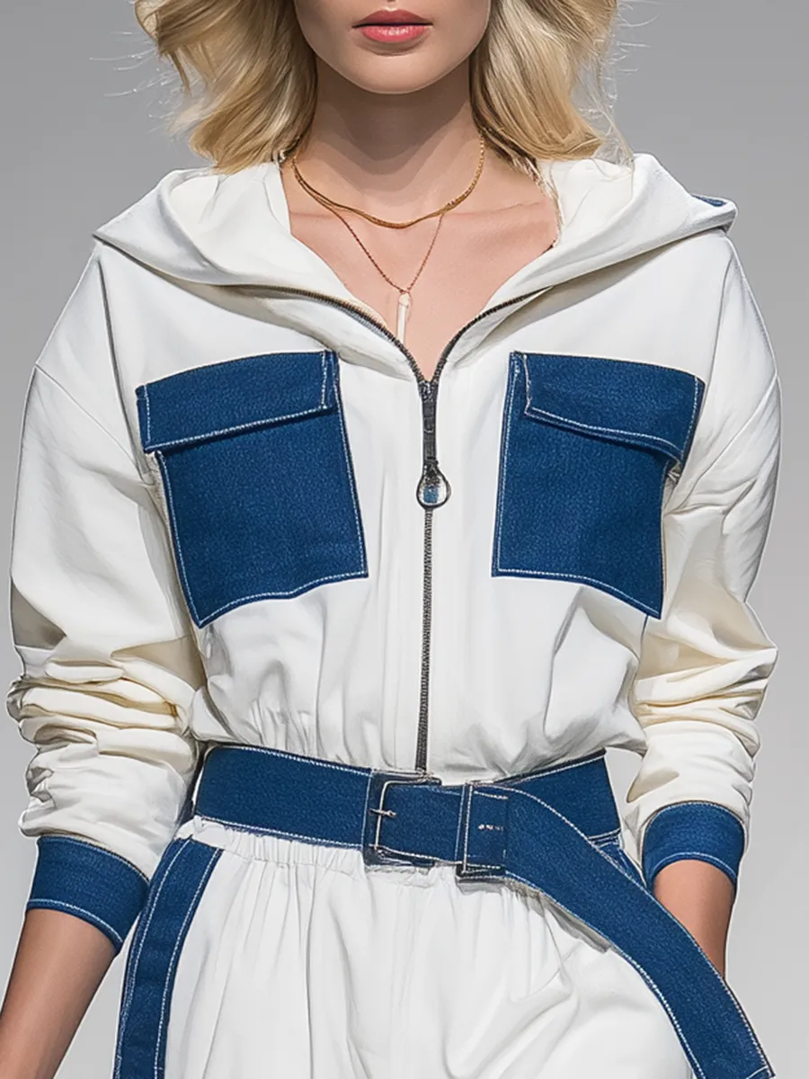 Sporty And Stylish Hooded Zip-up Long-sleeved Top And Denim Patchwork Pants Set sold by Oyrosy product image thumbnail 3