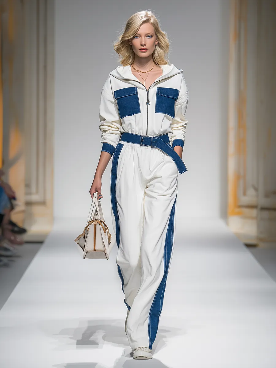 Sporty And Stylish Hooded Zip-up Long-sleeved Top And Denim Patchwork Pants Set sold by Oyrosy product image thumbnail 2