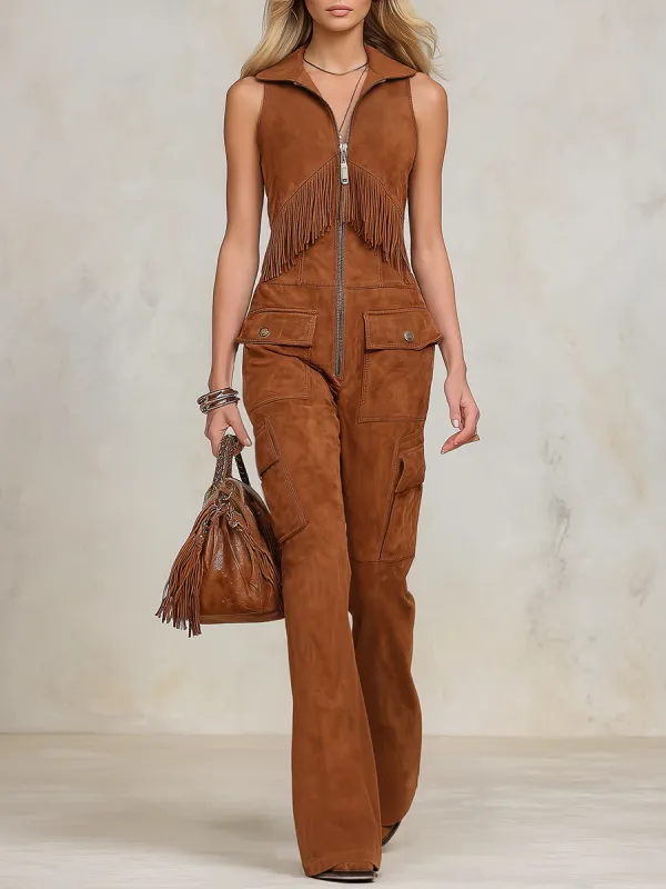 Retro-style Tassel Cargo Pocket Faux Suede Jumpsuit sold by Oyrosy