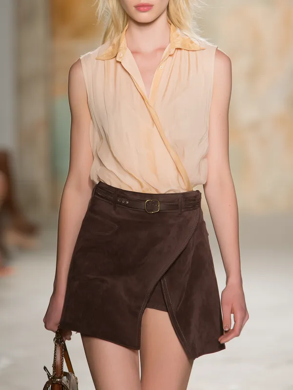 Stylish Sleeveless Chiffon Top And Irregular Faux Suede Skirt Set sold by Oyrosy