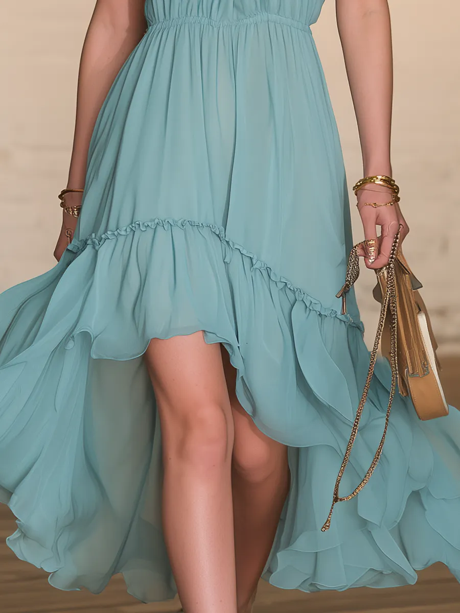 Casual And Comfortable Halter Neck Sleeveless Ruffled Chiffon Midi Dress sold by Oyrosy product image thumbnail 4