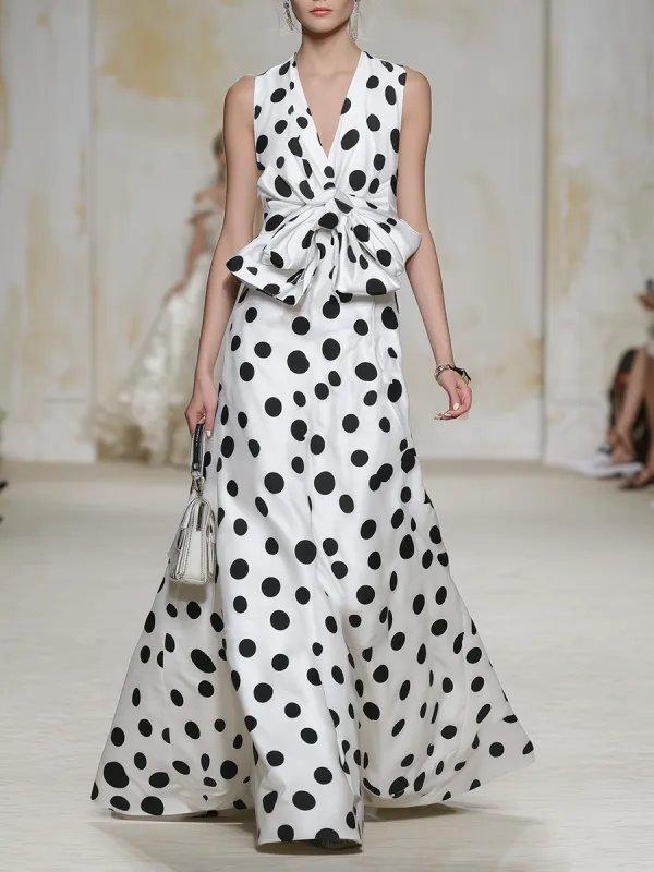 Retro-chic V-neck Sleeveless Polka Dot Satin Maxi Dress sold by Oyrosy