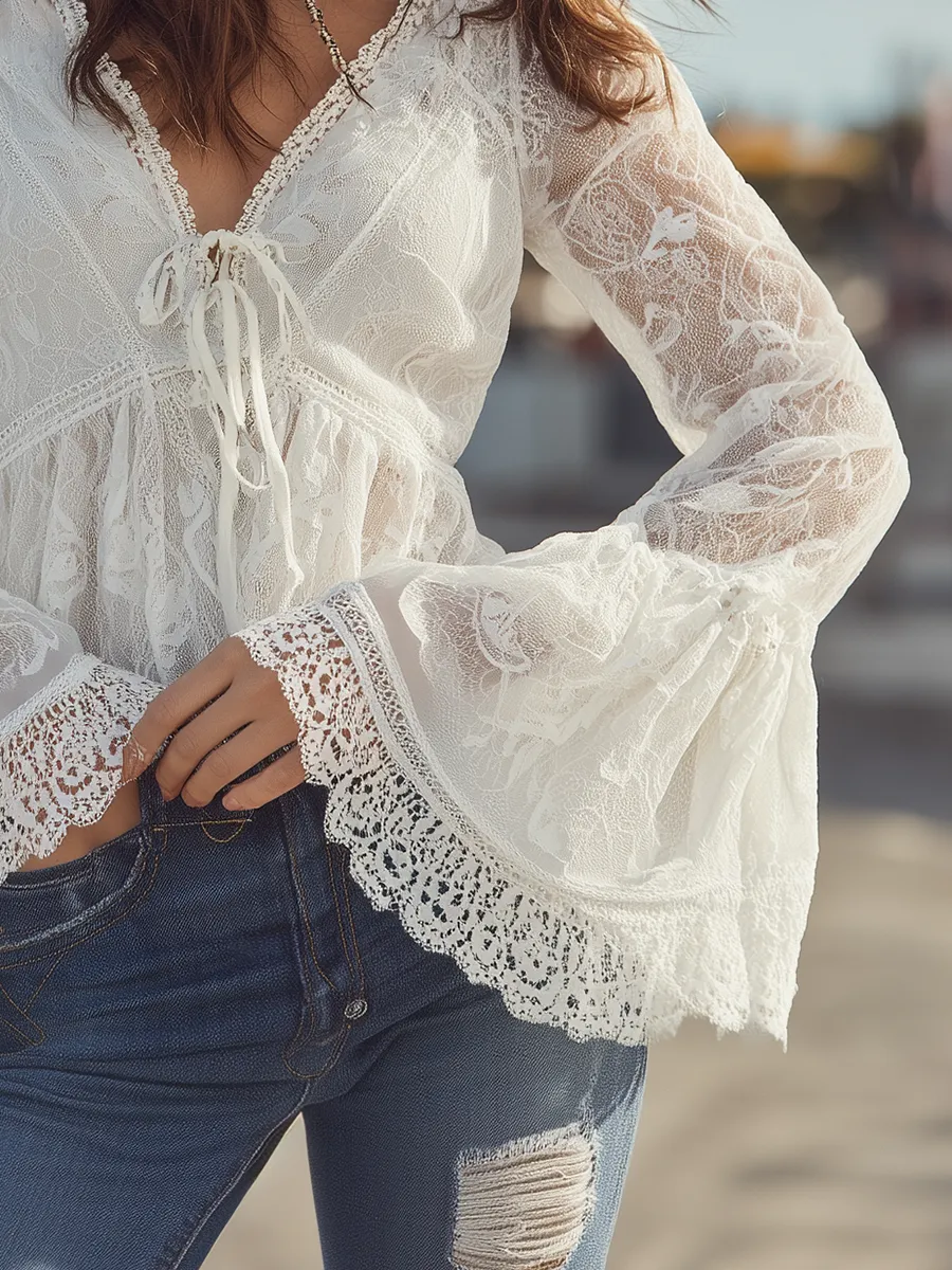 Romantic Bohemian Style Flared Sleeve White Lace Blouse sold by Oyrosy product image thumbnail 4