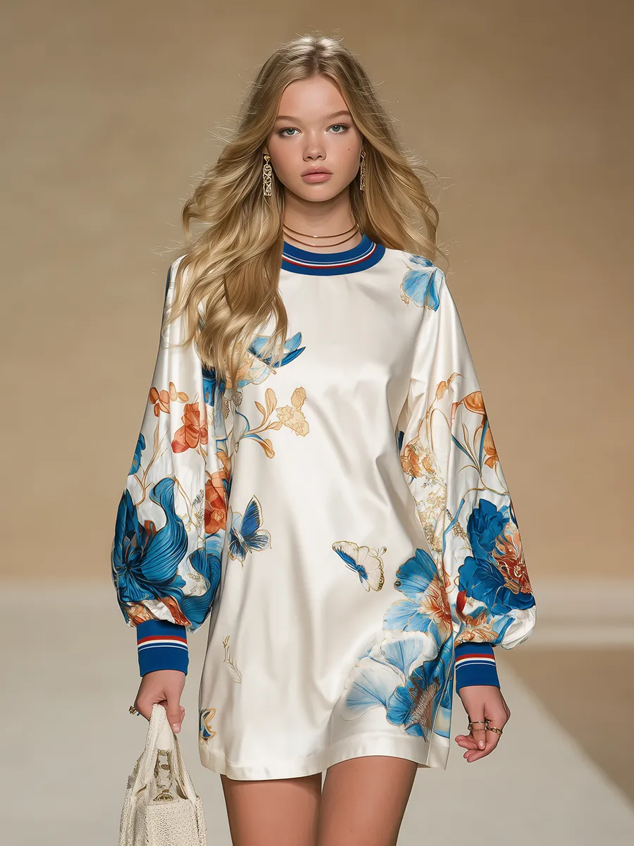 Vintage-style Court-inspired Floral Print Satin Mini Dress sold by Oyrosy product image thumbnail 2