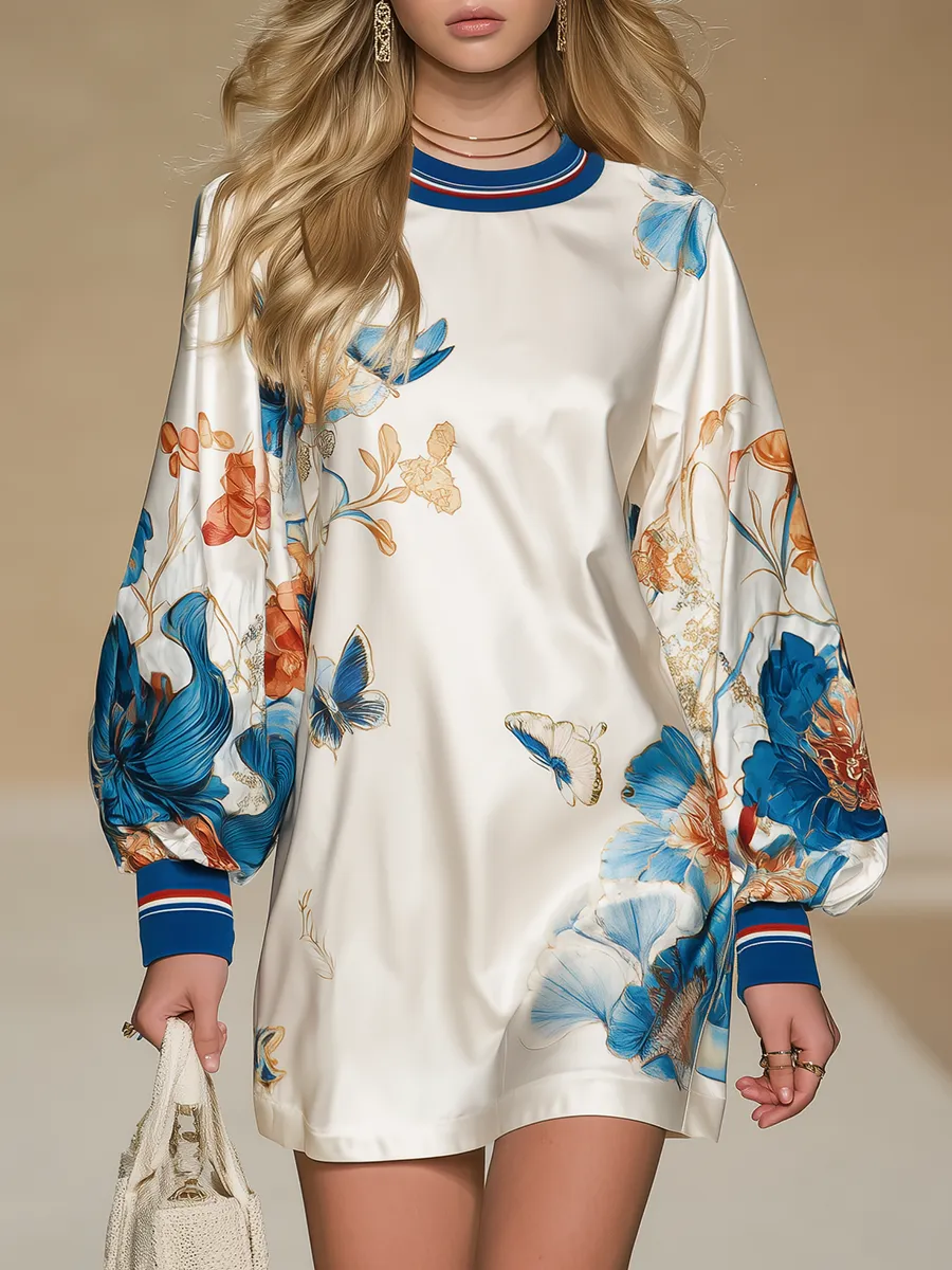 Vintage-style Court-inspired Floral Print Satin Mini Dress sold by Oyrosy