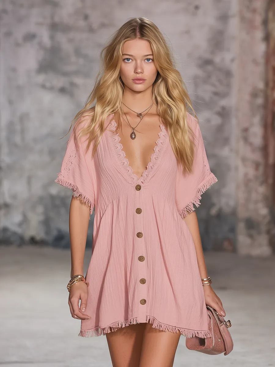 Retro Bohemian Casual Lace Trim V-neck Short-sleeved Mini Dress sold by Oyrosy product image thumbnail 2