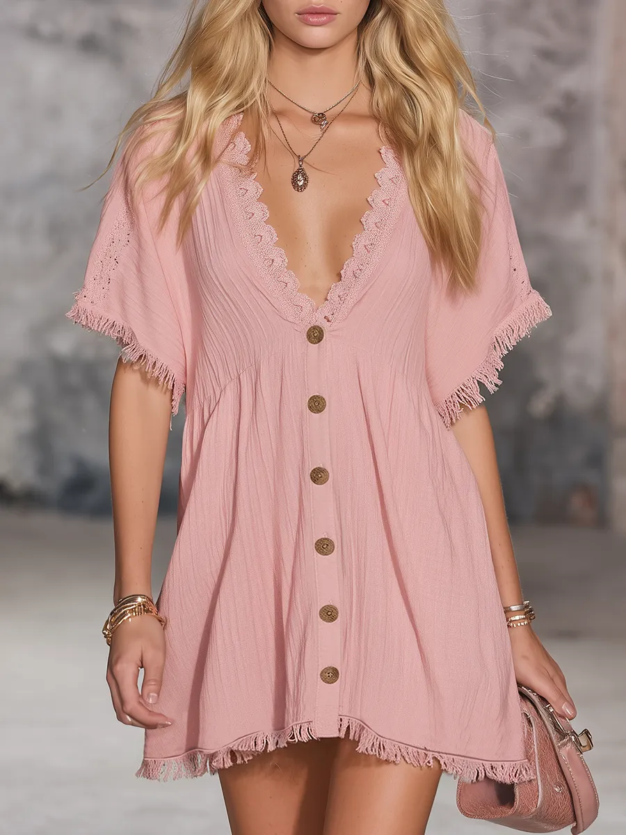 Retro Bohemian Casual Lace Trim V-neck Short-sleeved Mini Dress sold by Oyrosy