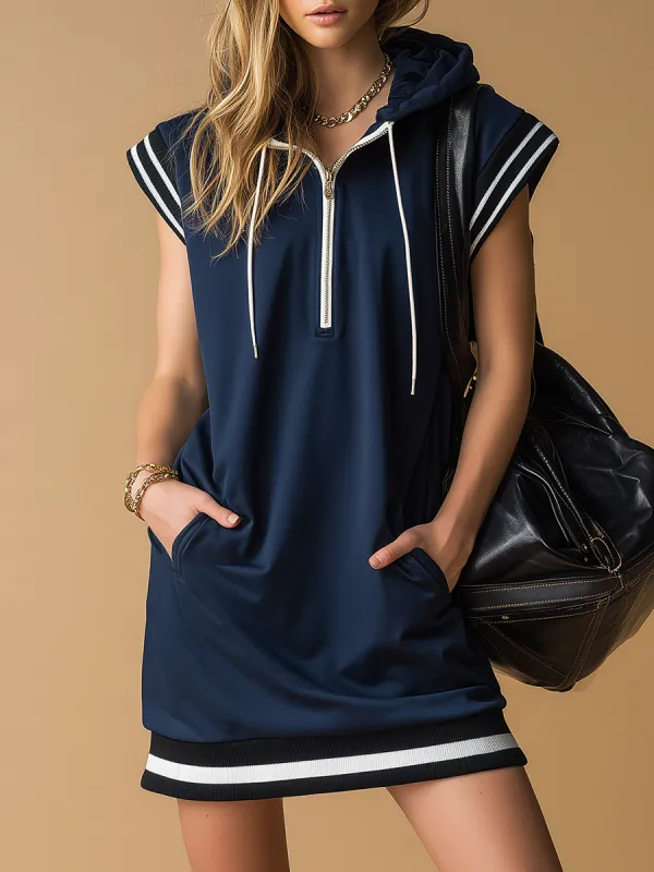 Sporty Retro Wide-shouldered Sleeveless Hooded Mini Dress sold by Oyrosy