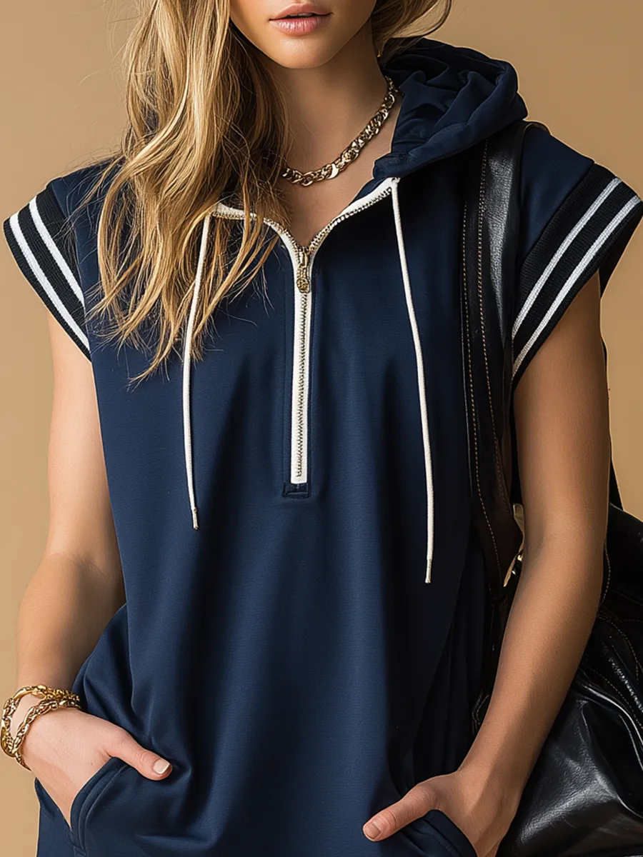 Sporty Retro Wide-shouldered Sleeveless Hooded Mini Dress sold by Oyrosy product image thumbnail 3