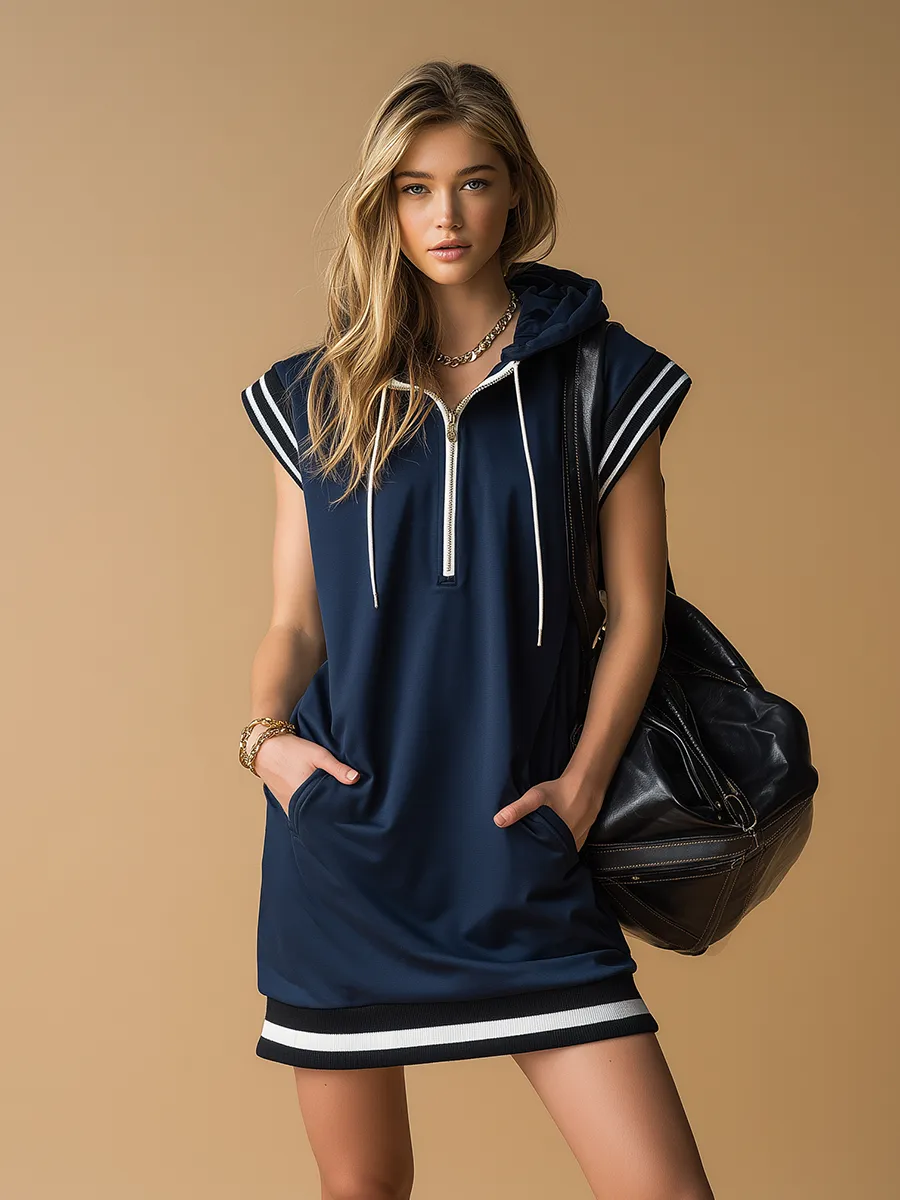 Sporty Retro Wide-shouldered Sleeveless Hooded Mini Dress sold by Oyrosy product image thumbnail 2