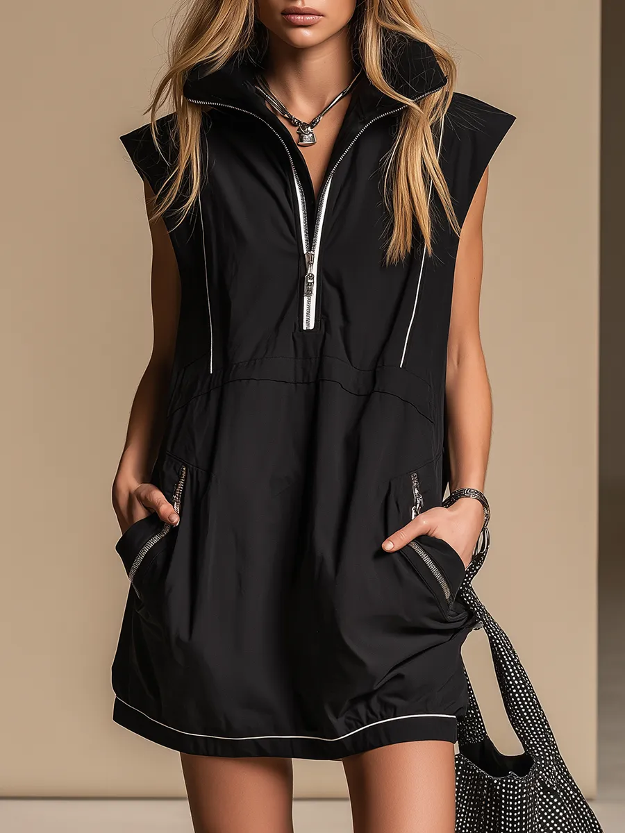 Retro Sporty Street Style Wide-shouldered Sleeveless Mini Dress sold by Oyrosy