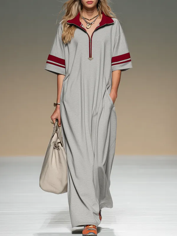 Sporty Retro Color-blocked Trim Zip-up Collared Short-sleeved Maxi Dress sold by Oyrosy