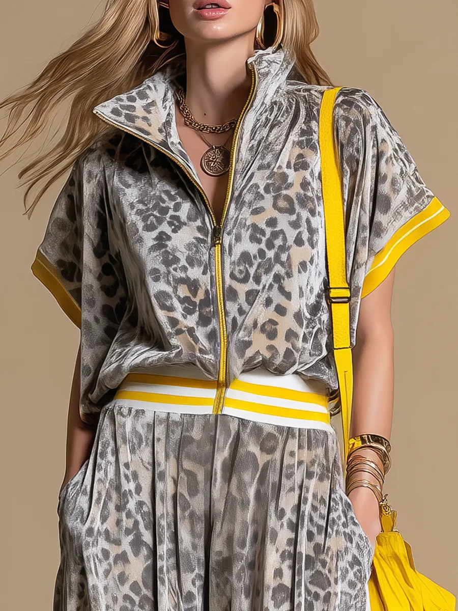 Retro Sporty Leopard Print Zip-up Stand-collar Velvet Short-sleeved Jumpsuit sold by Oyrosy product image thumbnail 3