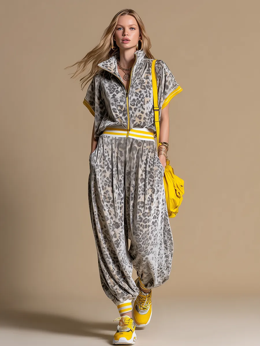 Retro Sporty Leopard Print Zip-up Stand-collar Velvet Short-sleeved Jumpsuit sold by Oyrosy product image thumbnail 2