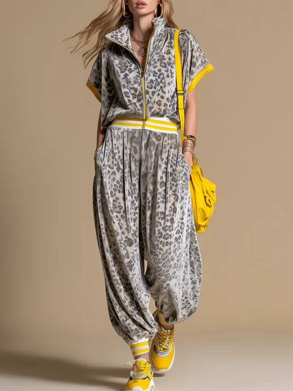 Retro Sporty Leopard Print Zip-up Stand-collar Velvet Short-sleeved Jumpsuit sold by Oyrosy