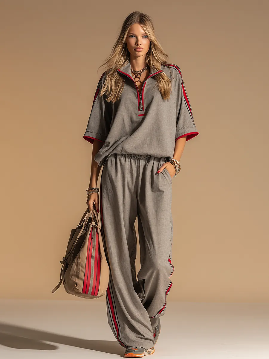 Sporty Retro Short-sleeved Shirt And Wide-leg Pants Set sold by Oyrosy product image thumbnail 2