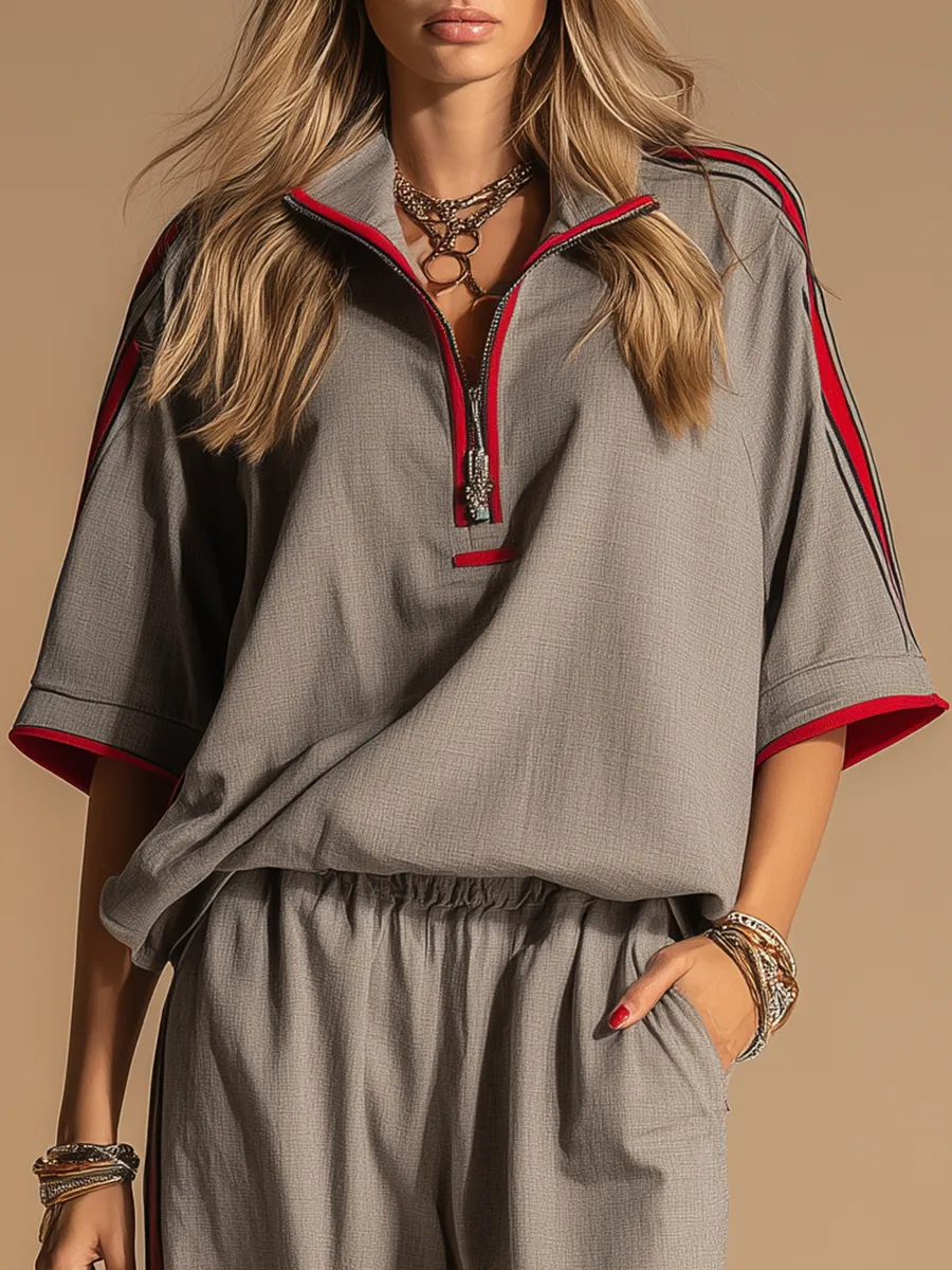 Sporty Retro Short-sleeved Shirt And Wide-leg Pants Set sold by Oyrosy product image thumbnail 3