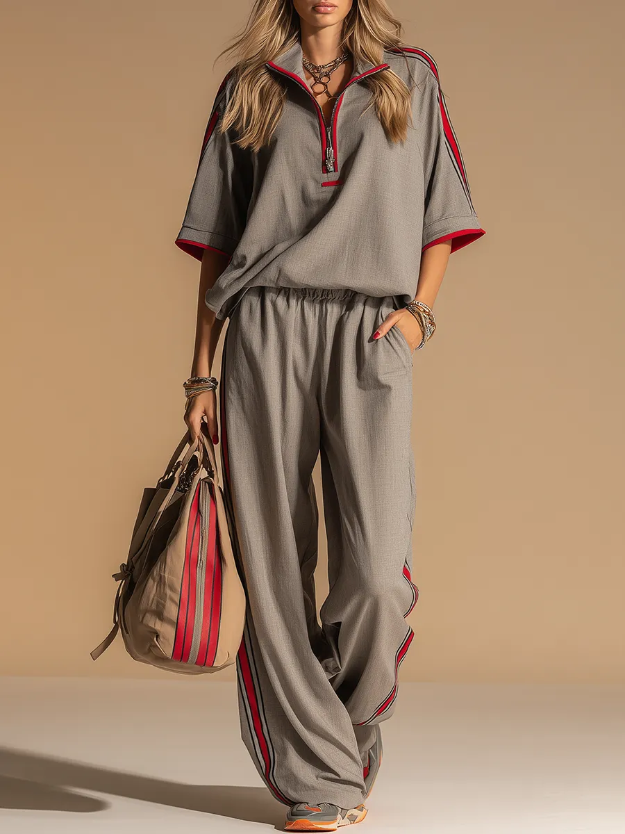 Sporty Retro Short-sleeved Shirt And Wide-leg Pants Set sold by Oyrosy
