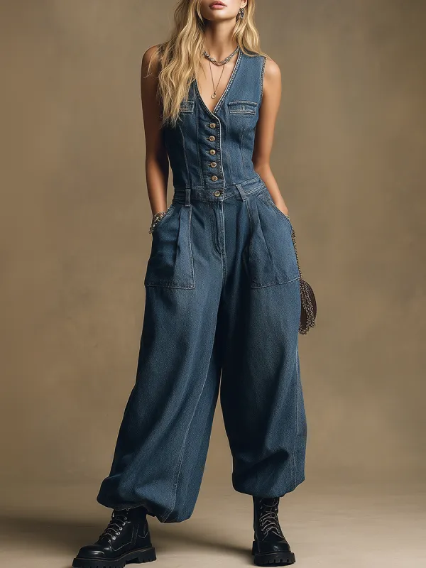 Retro Sporty V-neck Sleeveless Single-breasted Denim Jumpsuit sold by Oyrosy