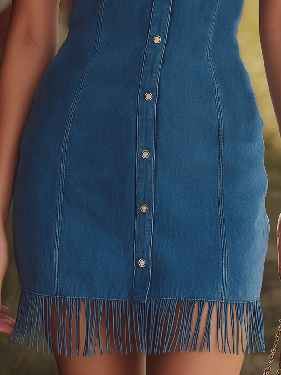 Western-style Faux Suede Blue Button-up Short-sleeved With Fringe Details Mini Dress sold by Oyrosy product image thumbnail 4