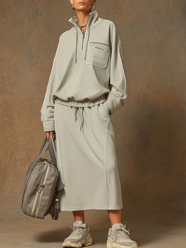 Retro Sporty Embroidered Gray-green Long-sleeved Zip-up Sweatshirt And Skirt Set sold by Oyrosy