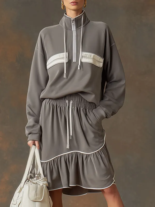 Retro Sporty Dark Gray Long-sleeved Zip-up Sweatshirt And Pleated Skirt Set sold by Oyrosy