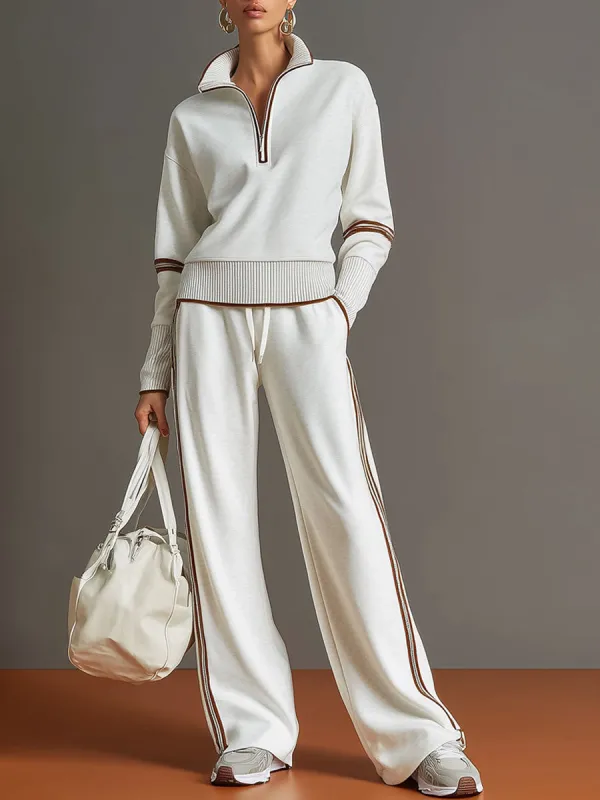 Retro Sporty Webbing Grey-white Half-zip Sweatshirt And Wide-leg Pants Set sold by Oyrosy