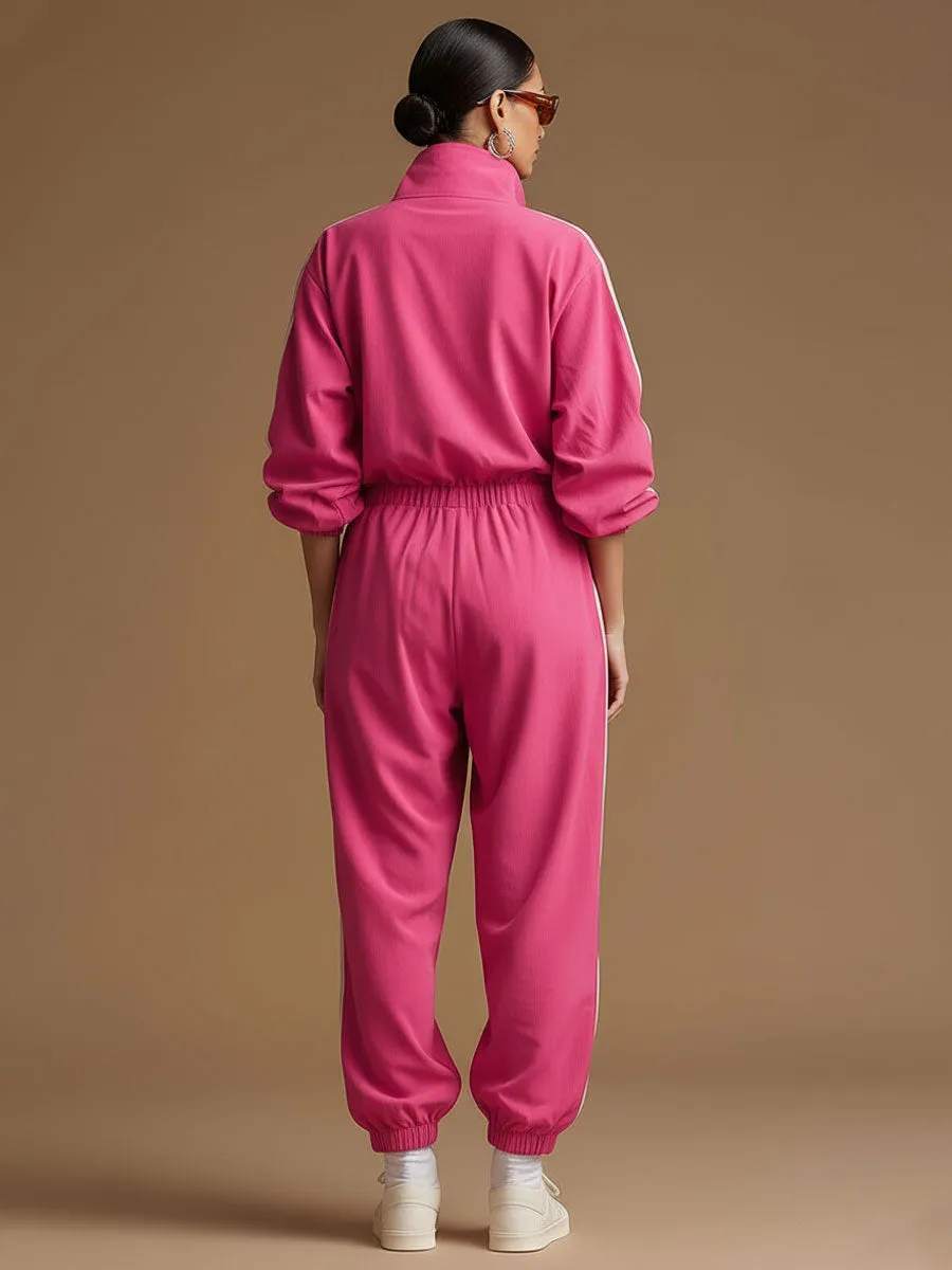 Retro Sporty Woven Rose Red Cotton Wide-leg Jumpsuit sold by Oyrosy product image thumbnail 2