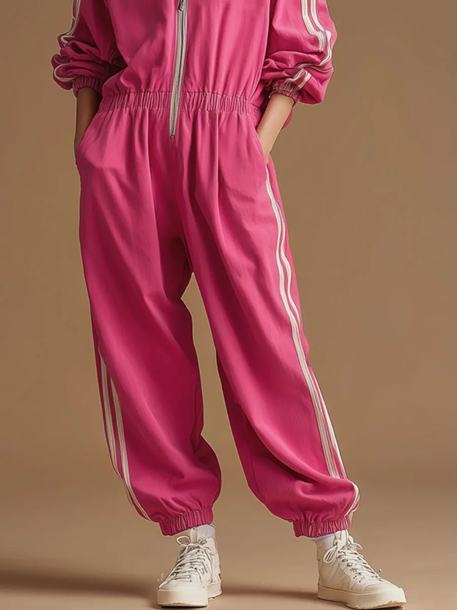 Retro Sporty Woven Rose Red Cotton Wide-leg Jumpsuit sold by Oyrosy product image thumbnail 5