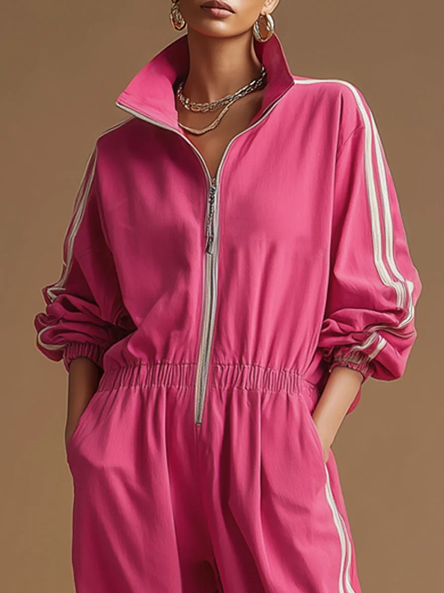 Retro Sporty Woven Rose Red Cotton Wide-leg Jumpsuit sold by Oyrosy product image thumbnail 4