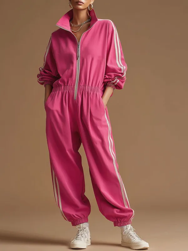 Retro Sporty Woven Rose Red Cotton Wide-leg Jumpsuit sold by Oyrosy