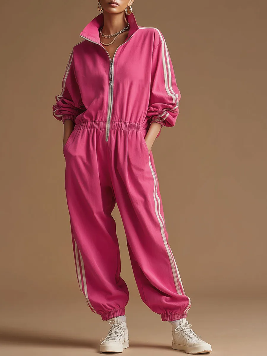 Retro Sporty Woven Rose Red Cotton Wide-leg Jumpsuit sold by Oyrosy