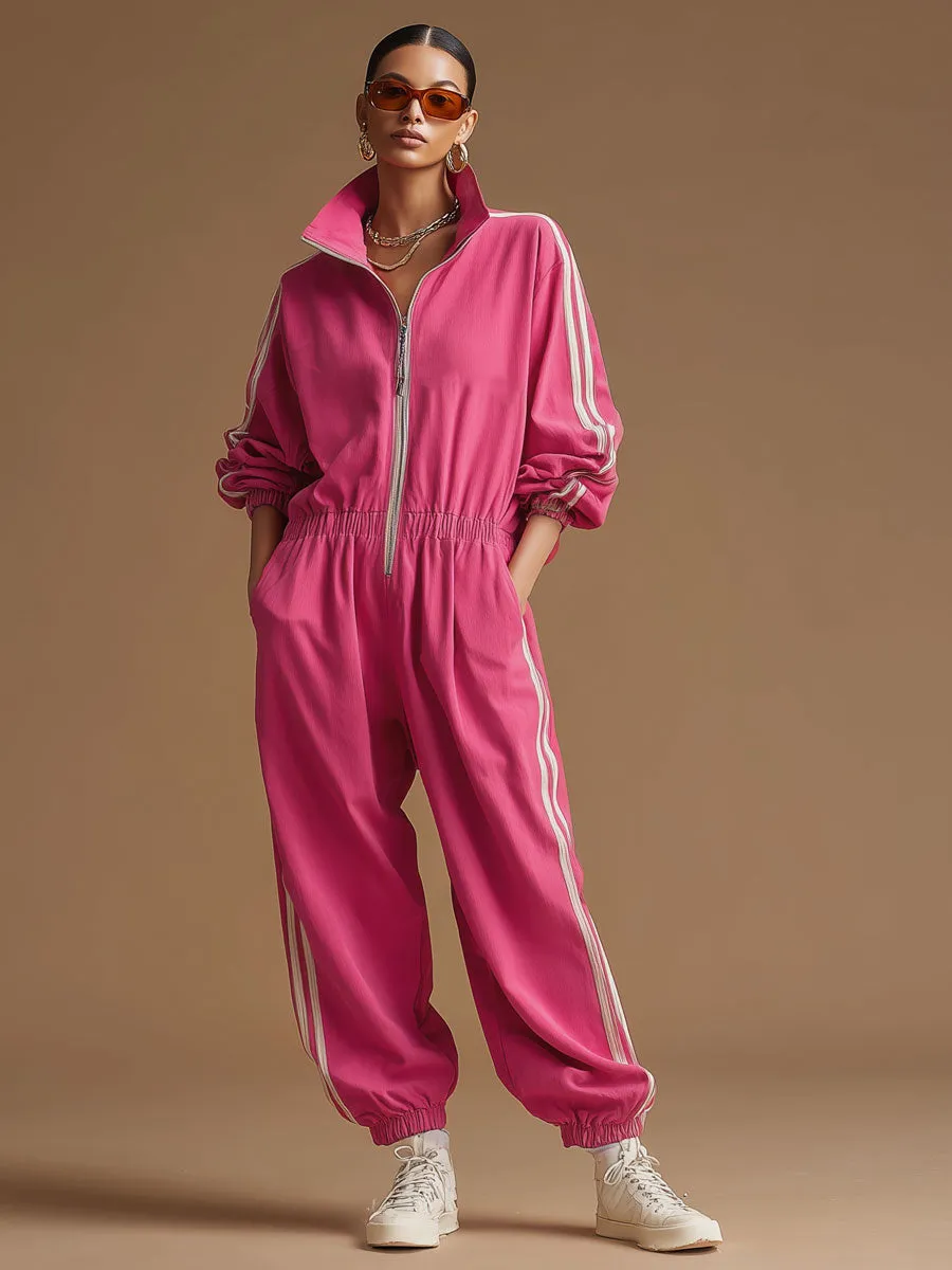 Retro Sporty Woven Rose Red Cotton Wide-leg Jumpsuit sold by Oyrosy product image thumbnail 3